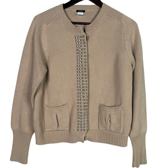 J.Crew Studded Detailing Long Sleeve Cardigan Casual Sweater Pockets L Tan Beige - Picture 12 of 15